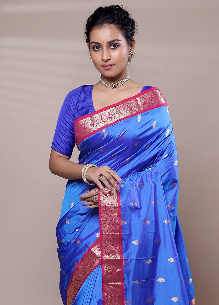 Blue Handloom Kanjivaram Pure Silk Saree With Blouse Piece