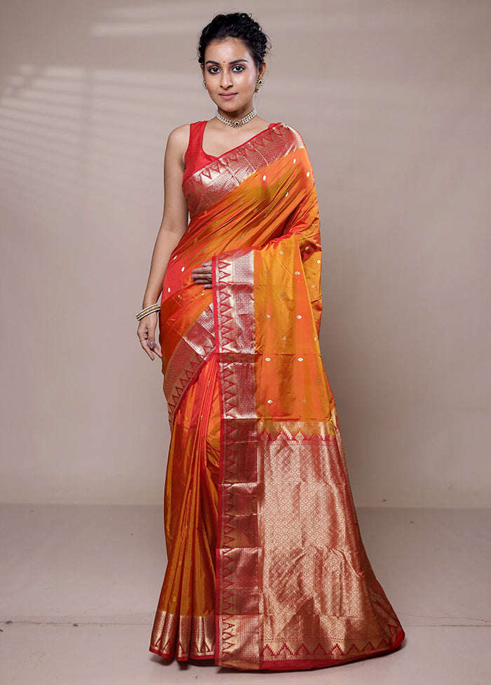 Orange Handloom Kanjivaram Pure Silk Saree With Blouse Piece