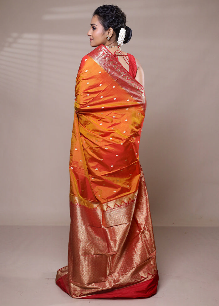 Orange Handloom Kanjivaram Pure Silk Saree With Blouse Piece