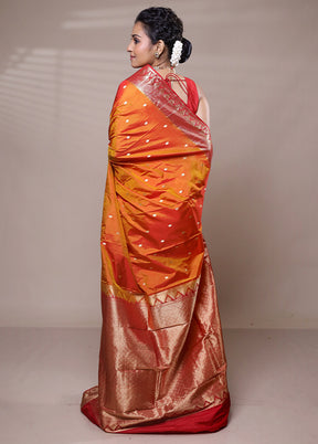 Orange Handloom Kanjivaram Pure Silk Saree With Blouse Piece