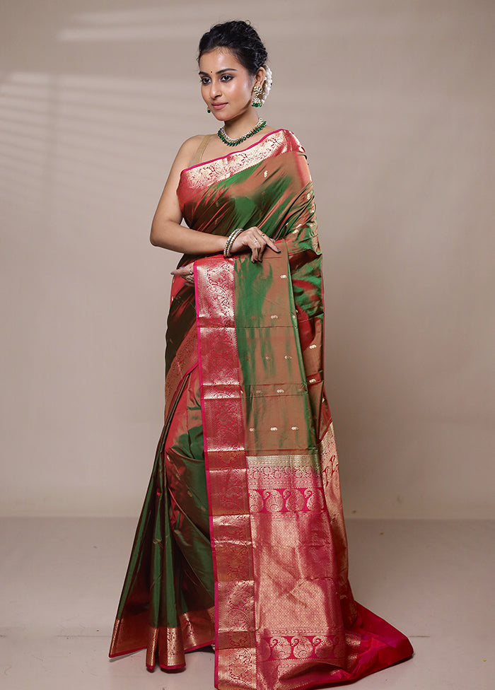 Green Handloom Kanjivaram Pure Silk Saree With Blouse Piece