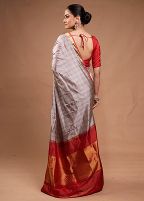 Grey Handloom Kanjivaram Pure Silk Saree With Blouse Piece