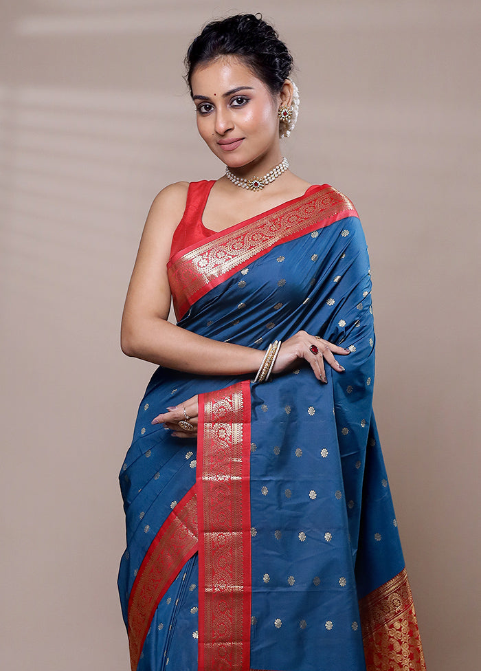 Blue Kanjivaram Silk Saree With Blouse Piece