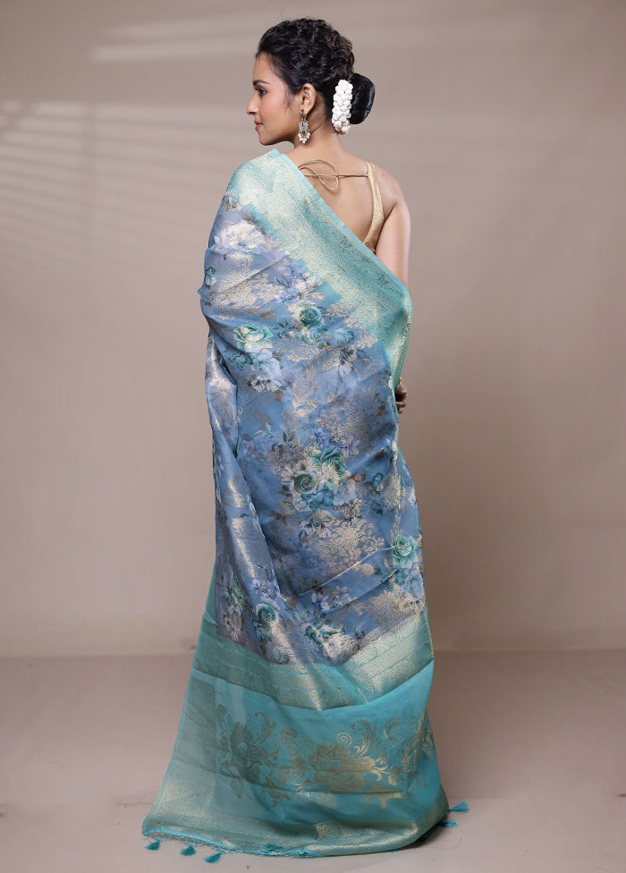 Blue Organza Saree With Blouse Piece