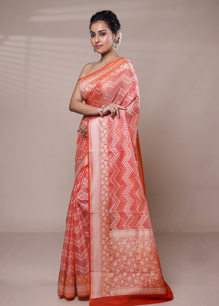 Orange Kora Silk Saree With Blouse Piece