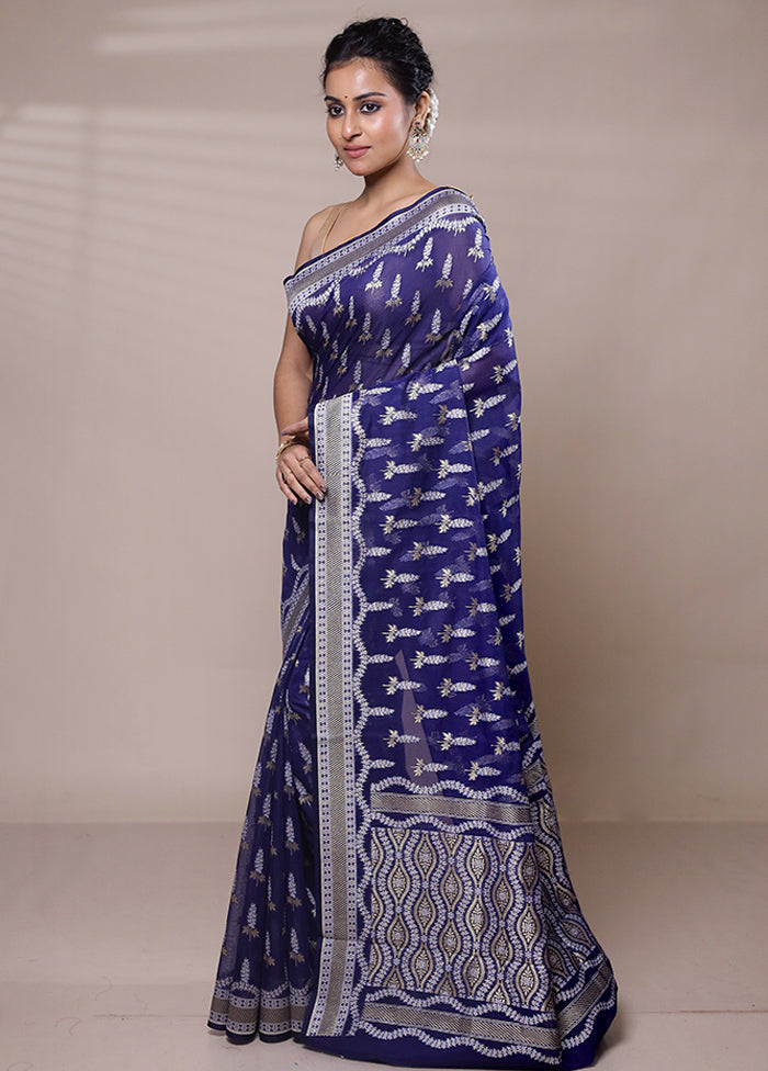 Blue Kora Silk Saree With Blouse Piece