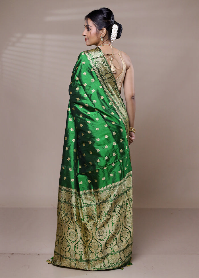 Green Handloom Assam Pure Silk Saree With Blouse Piece