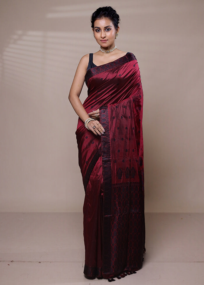 Maroon Handloom Assam Pure Silk Saree With Blouse Piece