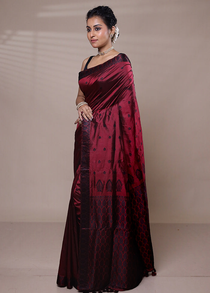 Maroon Handloom Assam Pure Silk Saree With Blouse Piece