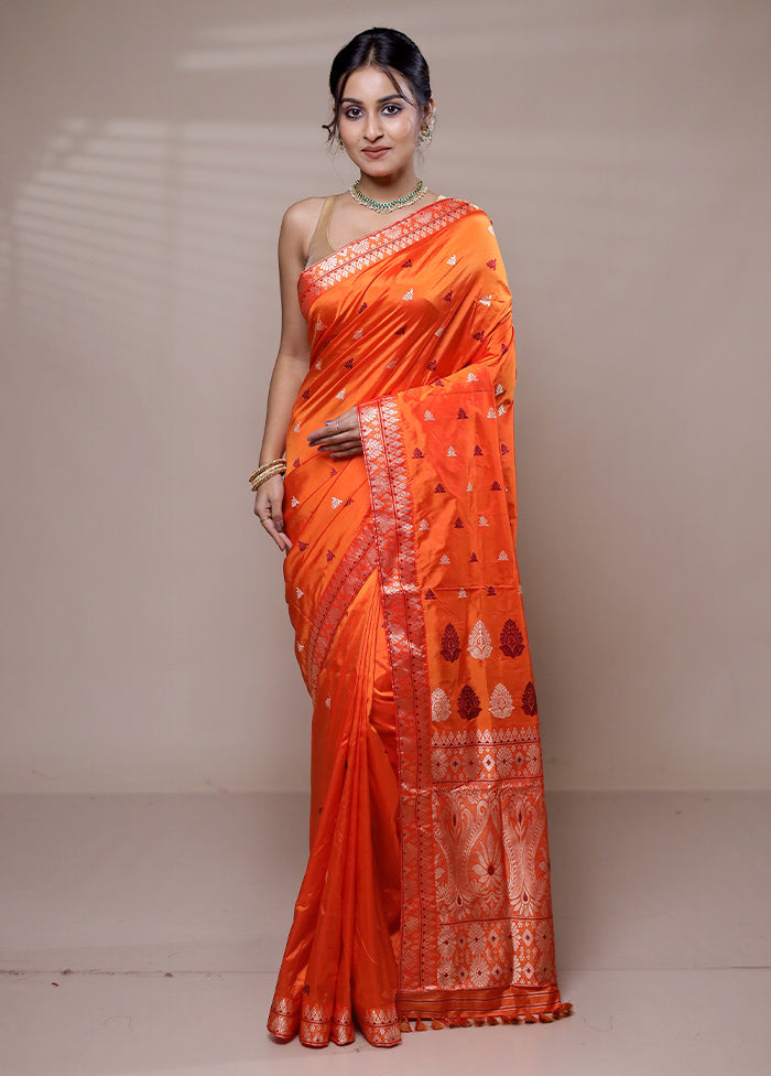 Orange Handloom Assam Pure Silk Saree With Blouse Piece