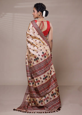 Cream Handloom Assam Pure Silk Saree With Blouse Piece