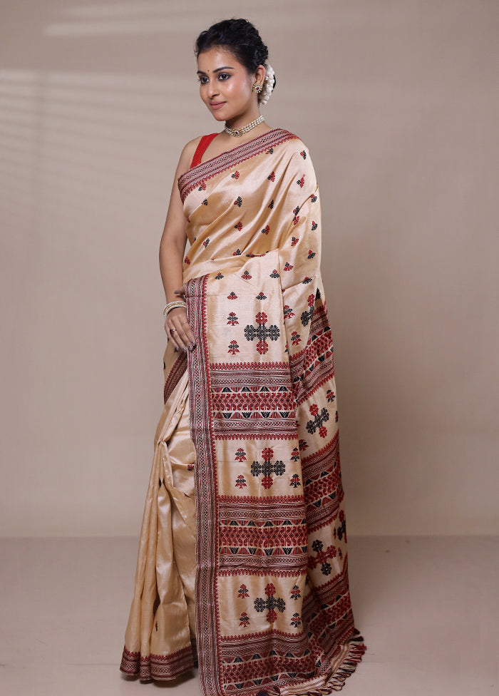 Cream Handloom Assam Pure Silk Saree With Blouse Piece