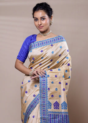 Cream Handloom Assam Pure Silk Saree With Blouse Piece