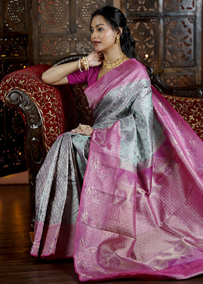 Grey Handloom Kanchipuram Pure Silk Saree With Blouse Piece