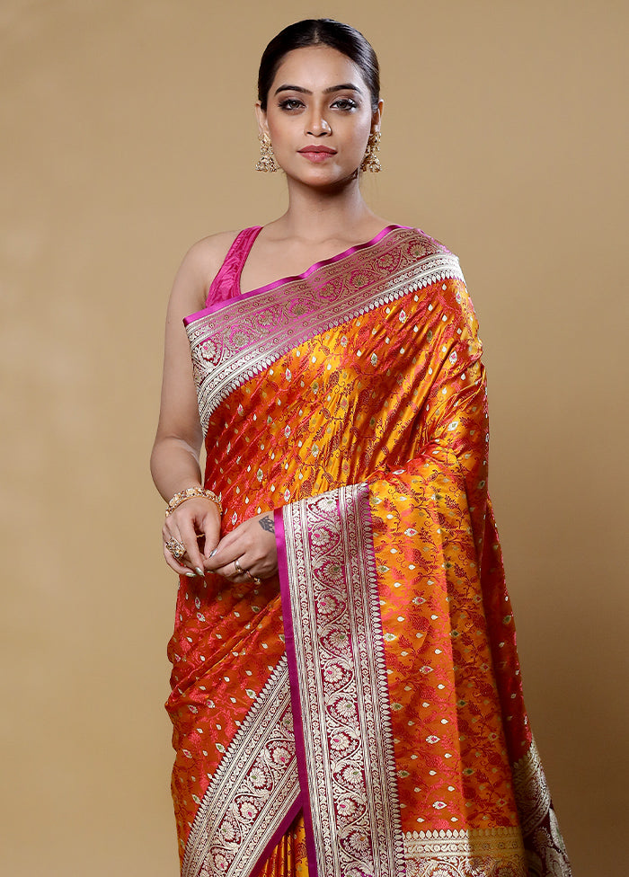 Orange Handloom Tanchoi Pure Silk Saree With Blouse Piece