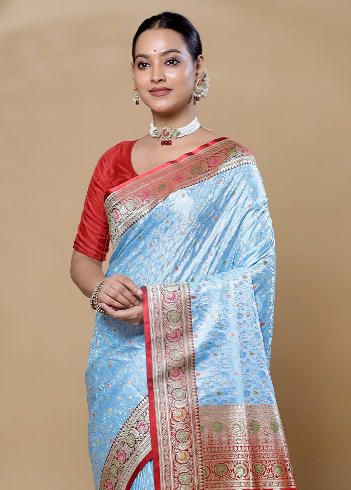 Blue Handloom Tanchoi Pure Silk Saree With Blouse Piece