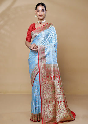 Blue Handloom Tanchoi Pure Silk Saree With Blouse Piece