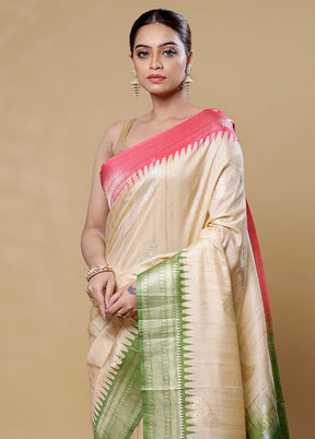 White Tussar Silk Saree With Blouse Piece