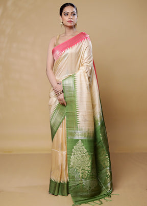 White Tussar Silk Saree With Blouse Piece