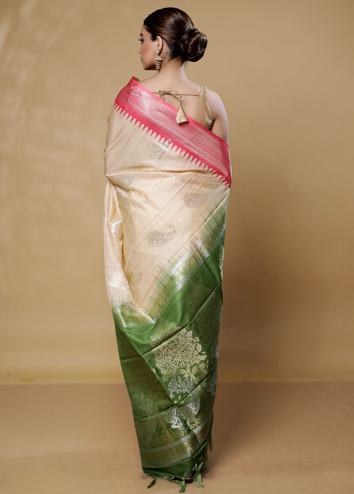 White Tussar Silk Saree With Blouse Piece