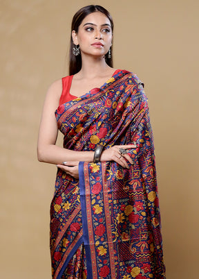 Blue Printed Pure Silk Saree Without Blouse Piece