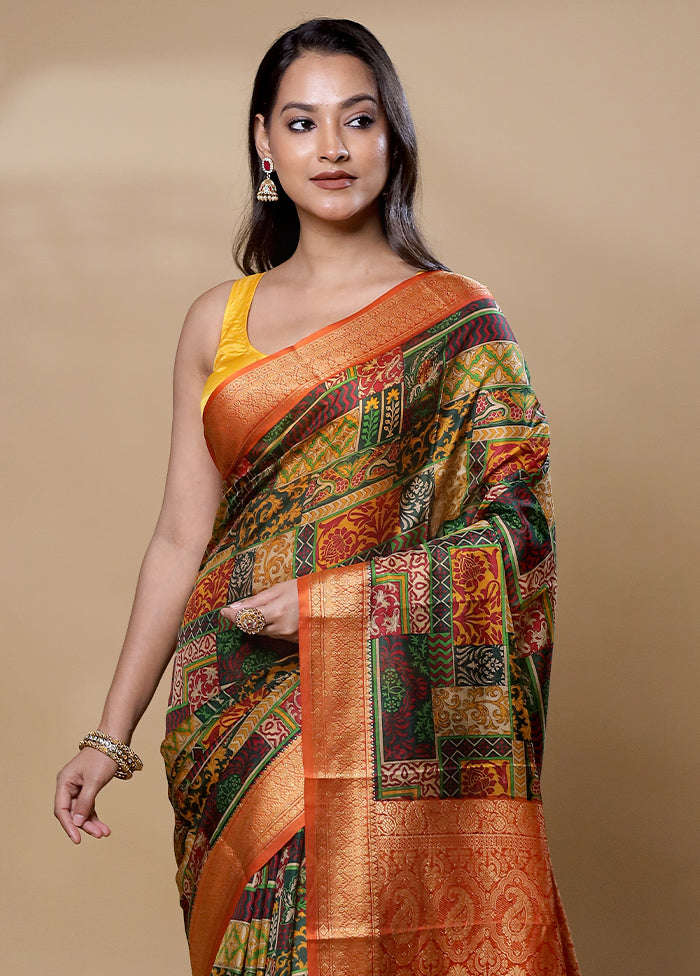 Yellow Printed Pure Silk Saree Without Blouse Piece