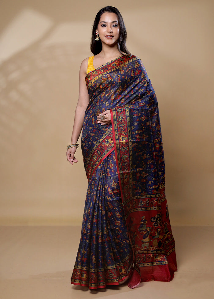 Blue Printed Pure Silk Saree Without Blouse Piece