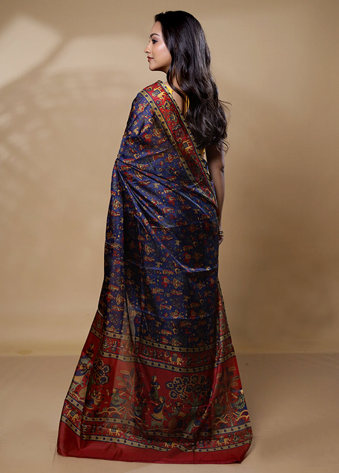 Blue Printed Pure Silk Saree Without Blouse Piece