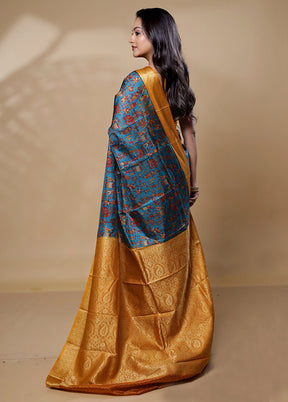 Blue Printed Pure Silk Saree Without Blouse Piece