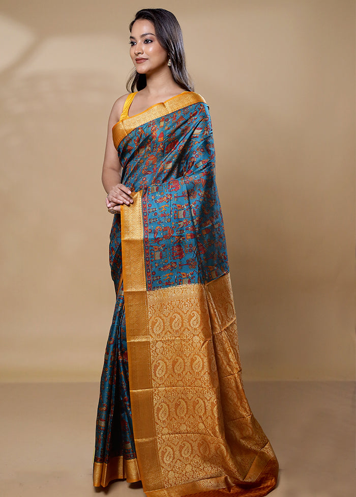 Blue Printed Pure Silk Saree Without Blouse Piece