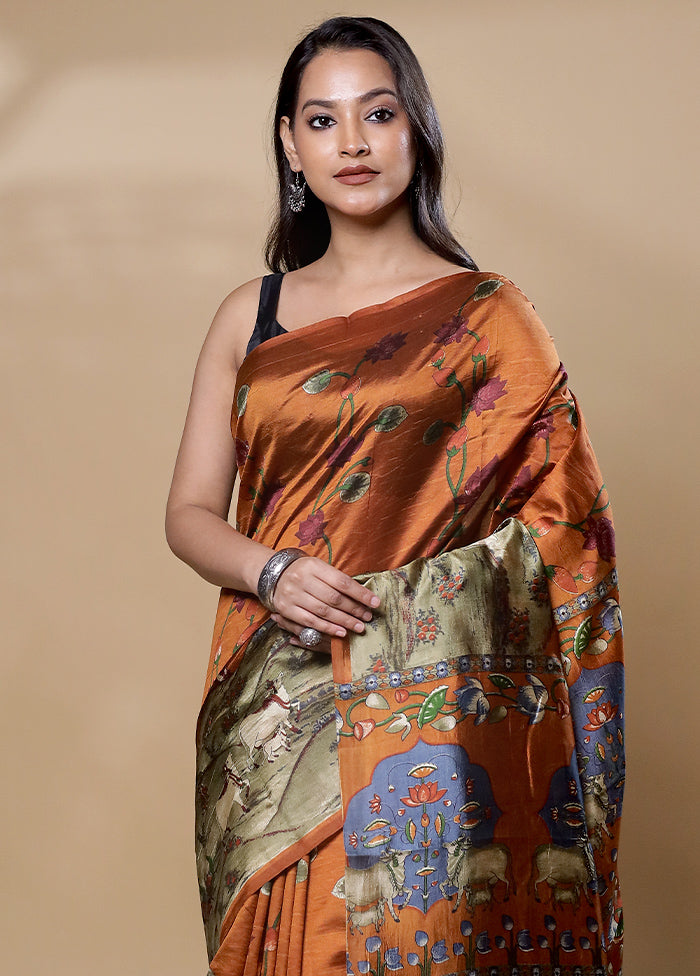 Rust Printed Pure Silk Saree Without Blouse Piece