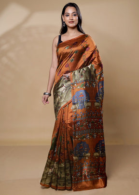 Rust Printed Pure Silk Saree Without Blouse Piece