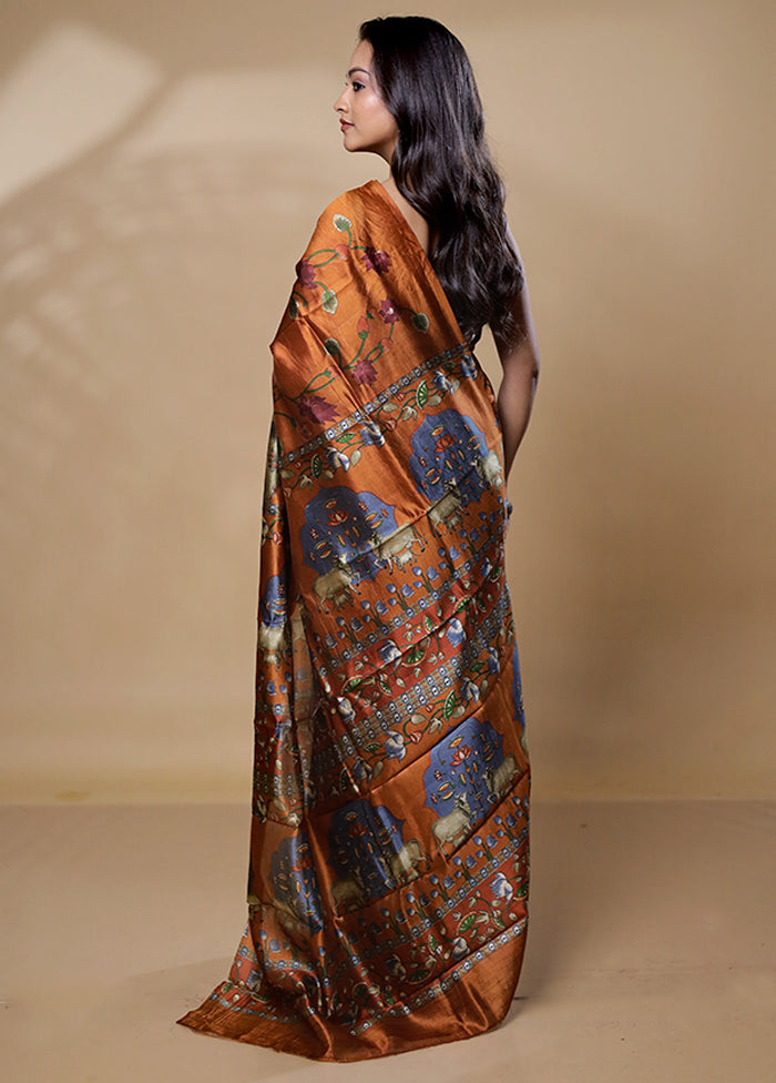 Rust Printed Pure Silk Saree Without Blouse Piece