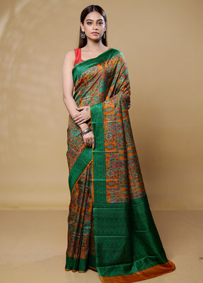 Green Printed Pure Silk Saree Without Blouse Piece