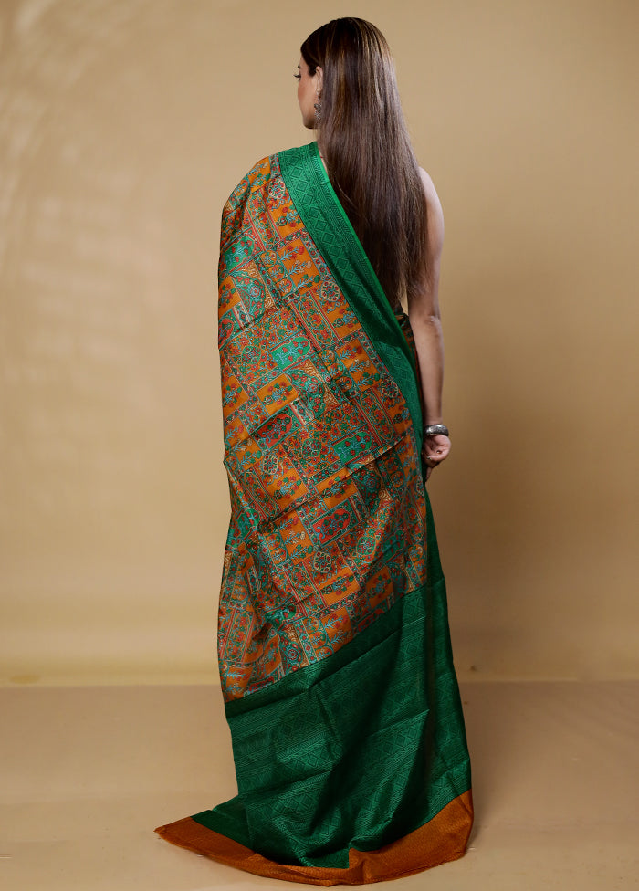 Green Printed Pure Silk Saree Without Blouse Piece