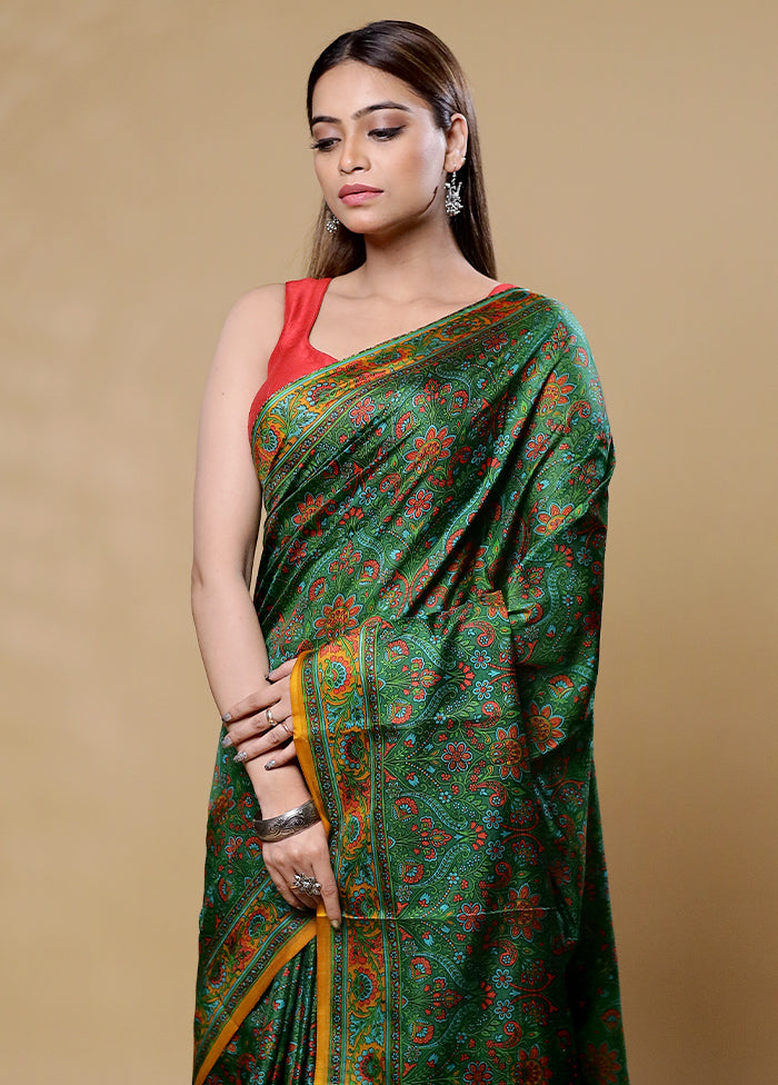 Green Printed Pure Silk Saree Without Blouse Piece