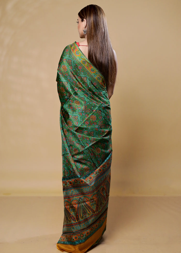 Green Printed Pure Silk Saree Without Blouse Piece