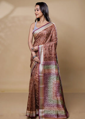 Brown Printed Pure Silk Saree Without Blouse Piece