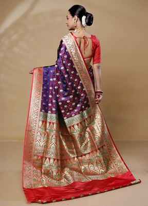 Purple Handloom Tanchoi Pure Silk Saree With Blouse Piece