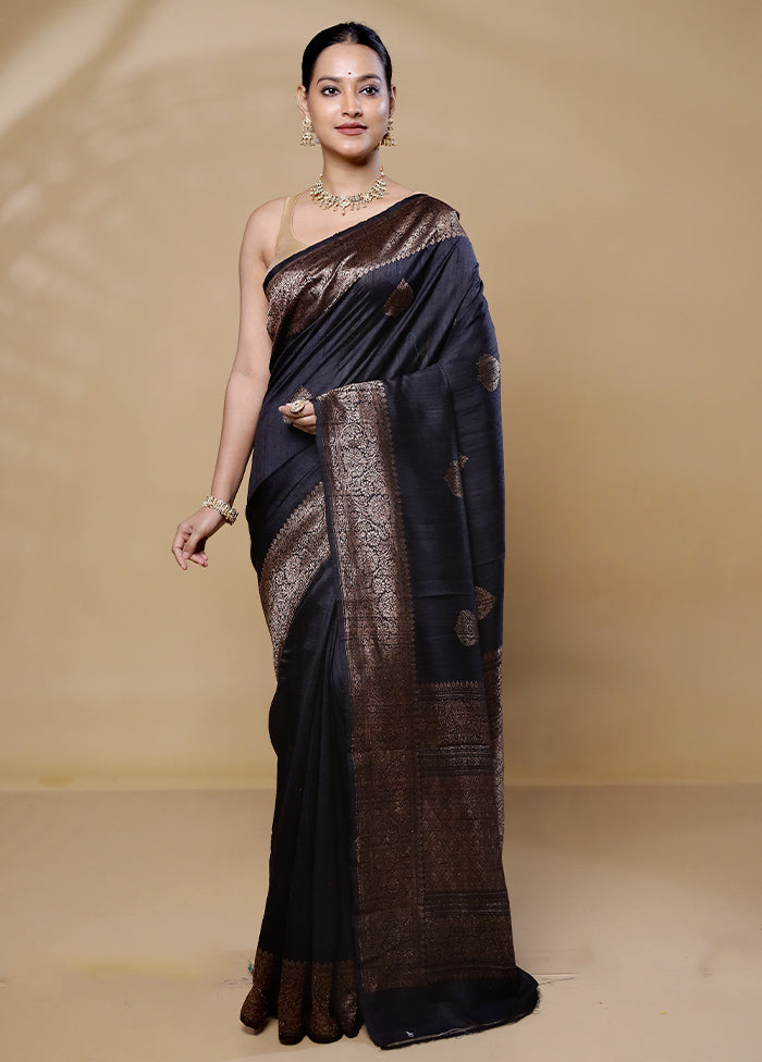 Black Handloom Tussar Pure Silk Saree With Blouse Piece