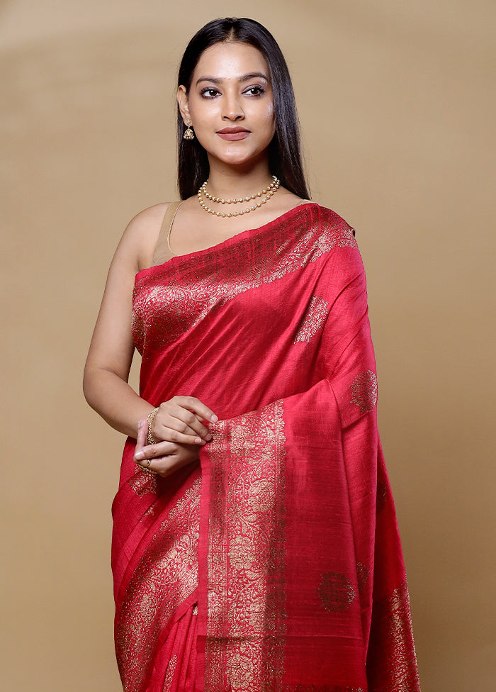 Pink Handloom Tussar Pure Silk Saree With Blouse Piece