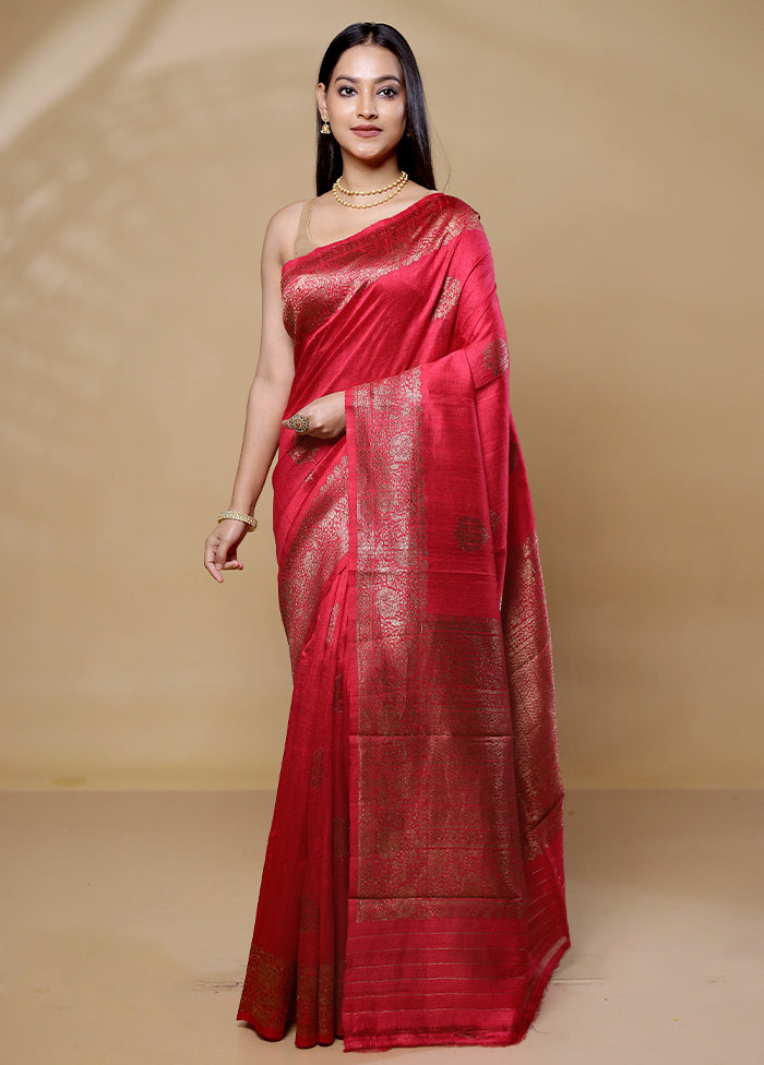 Pink Handloom Tussar Pure Silk Saree With Blouse Piece