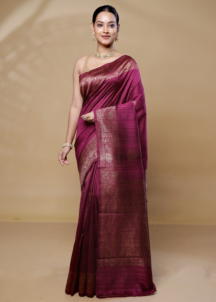 Purple Handloom Tussar Pure Silk Saree With Blouse Piece