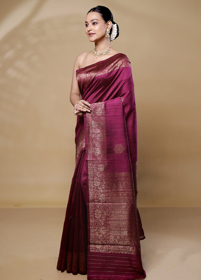 Purple Handloom Tussar Pure Silk Saree With Blouse Piece