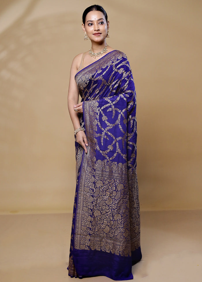 Blue Handloom Pure Georgette Saree With Blouse Piece