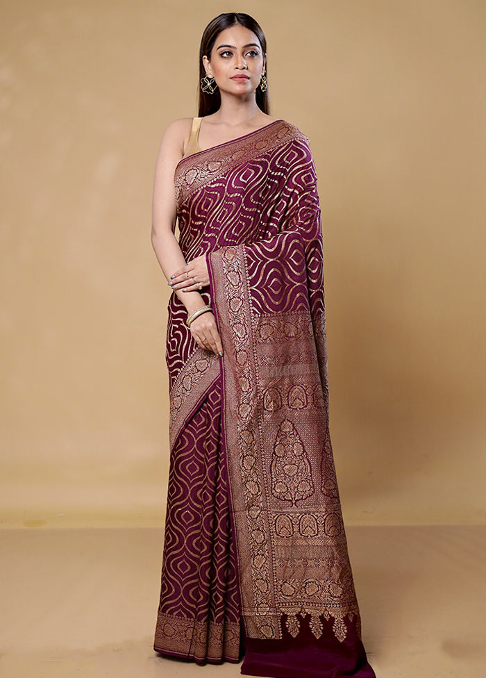 Wine Handloom Pure Georgette Saree With Blouse Piece