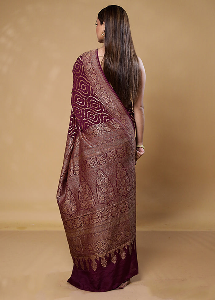 Wine Handloom Pure Georgette Saree With Blouse Piece