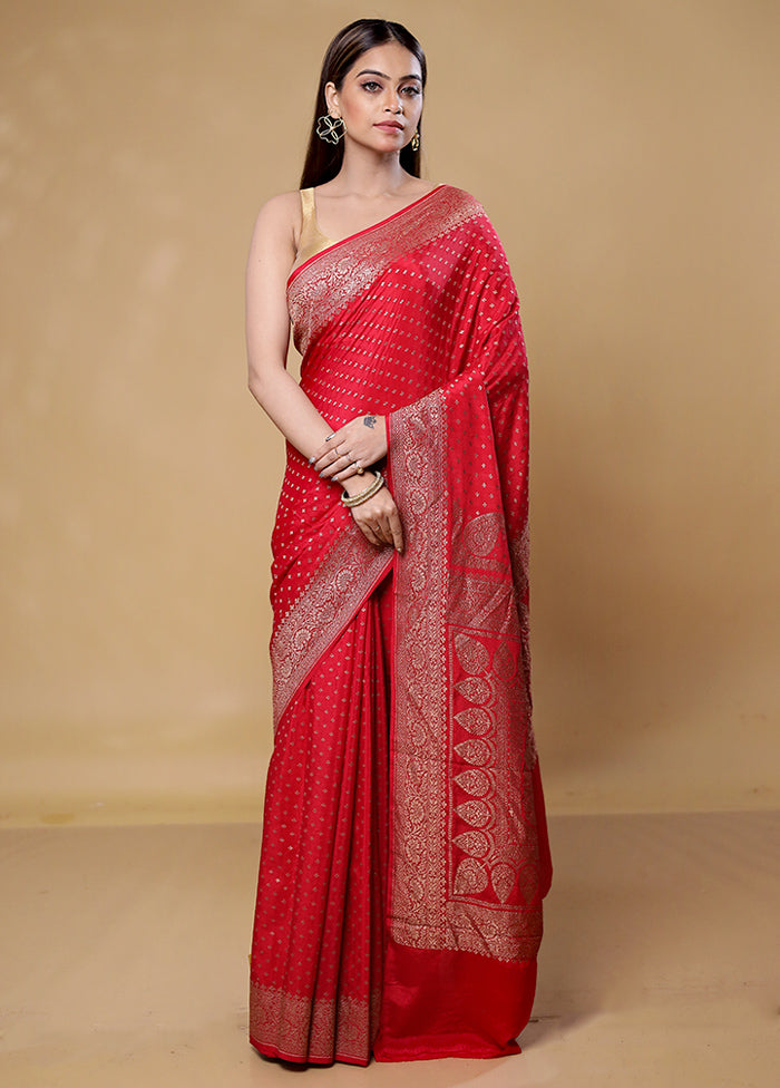 Red Handloom Pure Georgette Saree With Blouse Piece