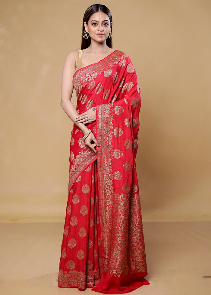 Red Handloom Pure Georgette Saree With Blouse Piece