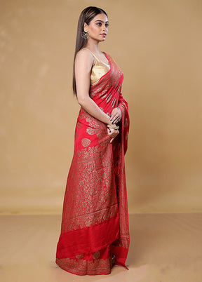 Red Handloom Pure Georgette Saree With Blouse Piece